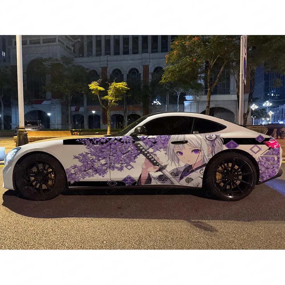 2pcs Purple Flower Samurai Girl Car Side Wraps, Self-Adhesive PVC Waterproof & Scratch-Resistant Stickers, Car Accessory Gift view 5