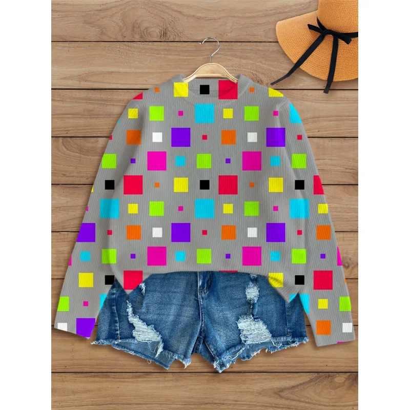 

Клетчатый винтажный лоскутный женский вязаный пуловер с цифровым принтом, толстый, свободный крой, с круглым вырезом и длинными рукавами, осень/зима, повседневный стиль