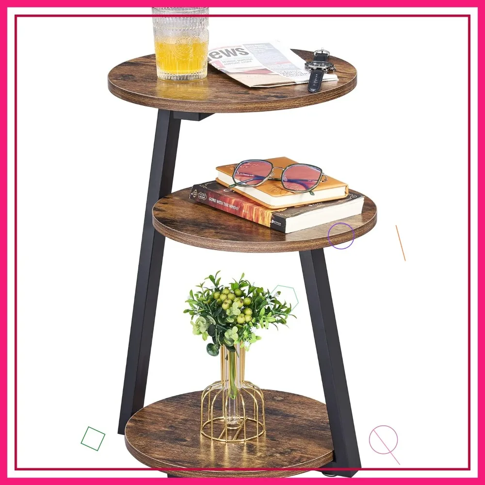 

Round End Table with Metal Frame, 3-Tier Shelves Accent Nightstand for Living Room Bedroom Rustic Brown