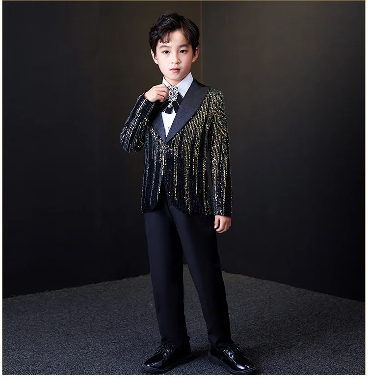 Boys Formal Wedding Birthday Party Dress Children's Sequins Jacket Pants Bowtie 3pcs Piano Performance Suits