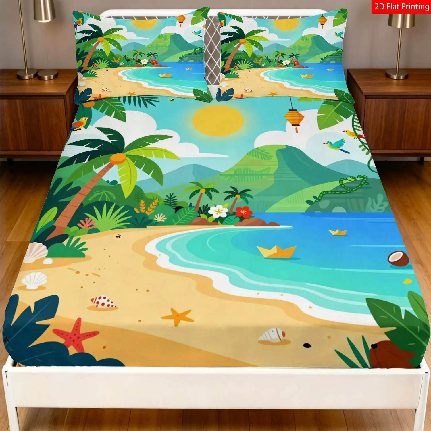 3-Piece Mattress Protector Set, Tropical Beach Themed Bedding, Suitable for Bedroom, Turquoise Palm Tree and Ocean Wave Print Fitted Sheet, Mattress Protector, Stain-Resistant, Suitable for All Seasons, Machine Washable, Easy to Care For, Suitable for Home Bedrooms, Essential for Dorms and Rentals, Master Bedroom and Guest Room Decoration, Dust-Proof and Stain-Resistant, High Elasticity, Fits Various Sizes