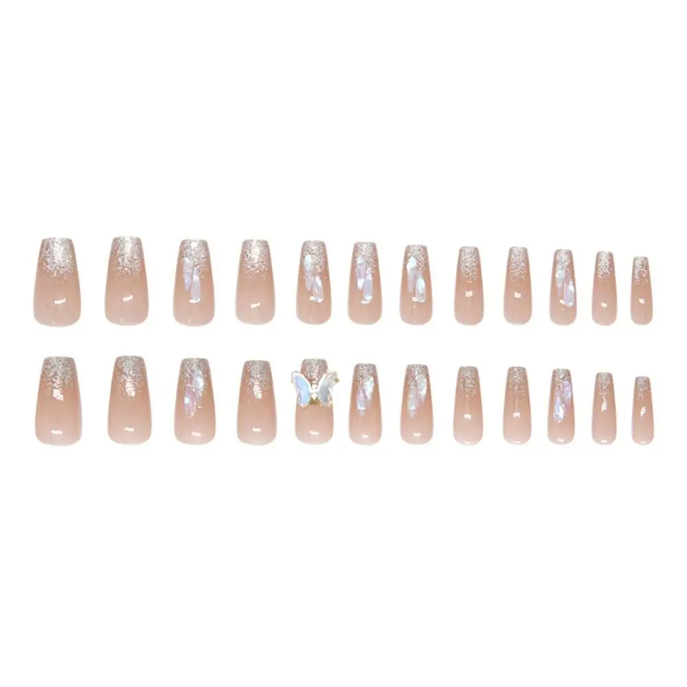24pcs Long Ballerina False Nails Rotating Sparkling Butterfly Exquisite Fake Nails French Full Cover Nail Tips Women Girls