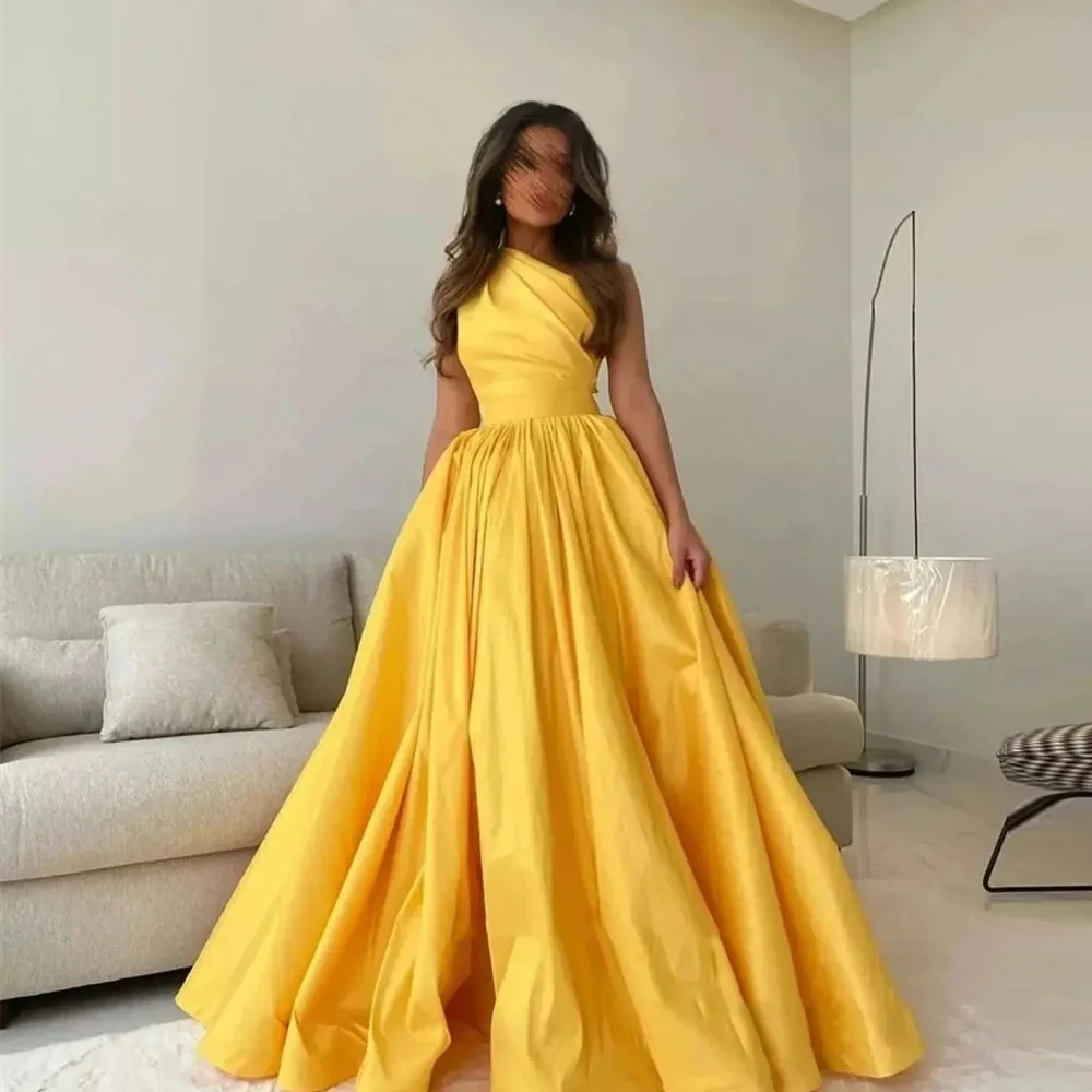 

Vintage Simple Yellow A Line Arabic Evening Dresses For Women 2024 One Shoulder Split Floor Length Prom Gowns Formal Party Dress