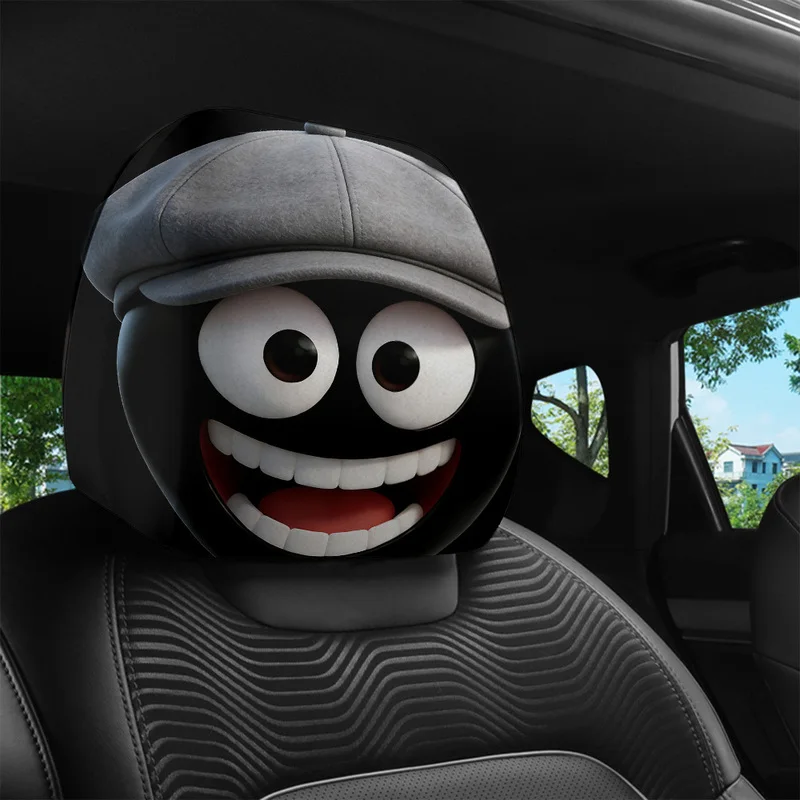 1/2Pcs Car Headrest Covers Cute Black Cartoon Smiley Face With Gray Cap Print, Fun Decor Style