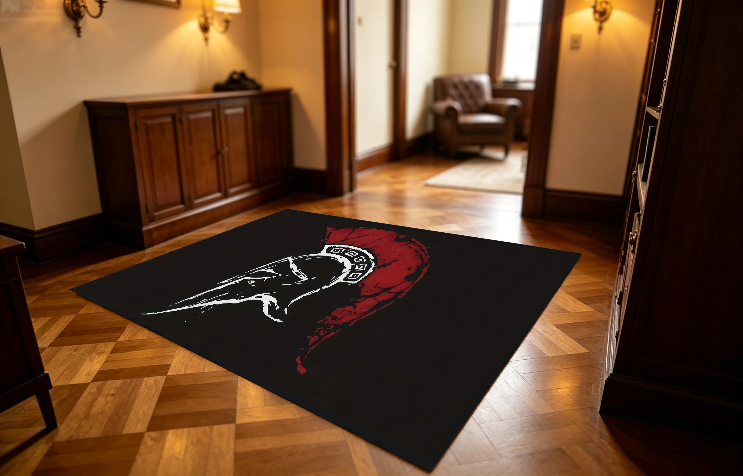 Black Area Rug with Spartan Helmet Art Print, Cool Stylish Design, Cozy Autumn Winter Mat for Living Room Study Home Decor