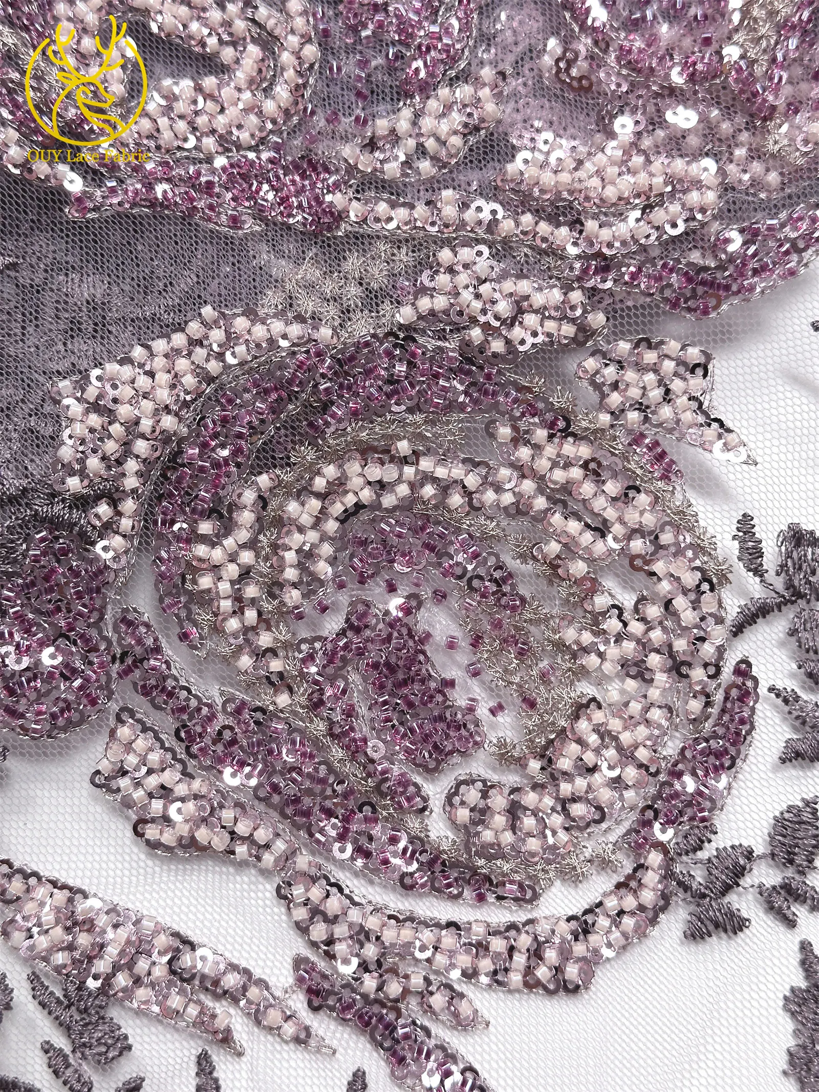 Modisches Kleid mit Stickerei, Spitze und Pailletten, Afrikanischer Spitzenstoff 2026, Rosa Französische Perlen-Spitze, Nigerianisches Partykleid, Nähzubehör 5Y – Detail 16
