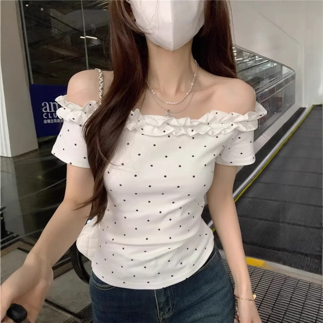 Off Shoulder Ruffle Collarbone Polka Dot Short Sleeve T Shirts For Women Y2K Slim Basic Blouses Fashion Spicy Girl Daily Tops