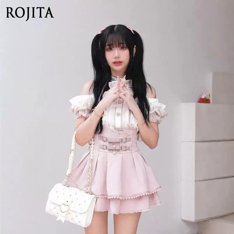 

Women's Sweet Mini Skirt Lace Trim with Buckle Heart Charm Detail Japanese Double Bow Leather Buckle High Waist Short Skirt