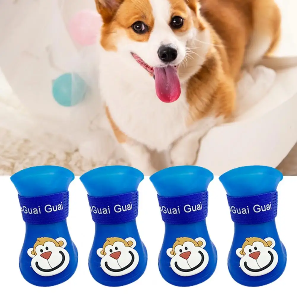 4Pcs Stylish Pet Boots Convenient Anti-Slip Lovely Cartoon Patter Bright Color Pet Rain Boots