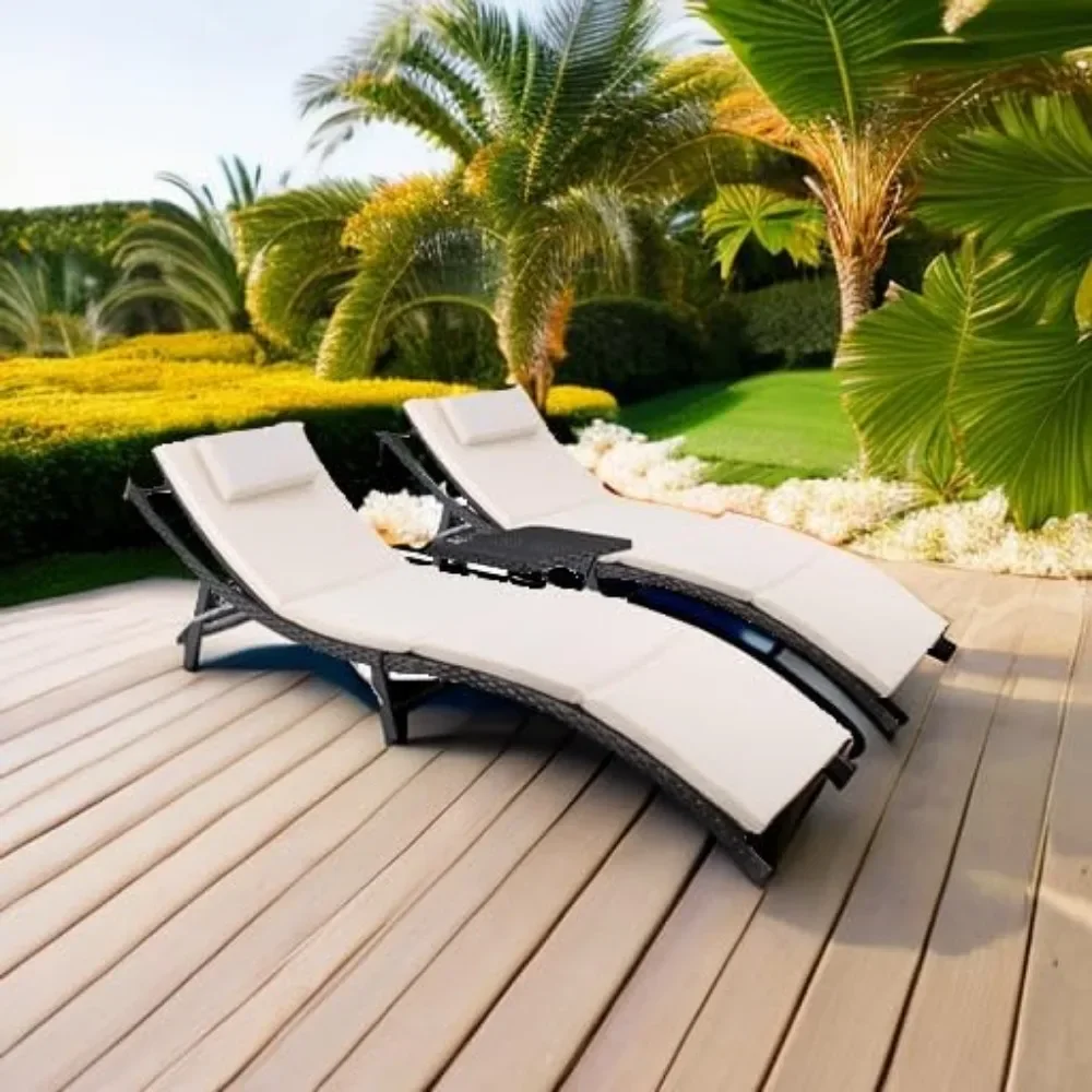 

Patio Chaise Lounge Sets Outdoor Rattan Adjustable Back 3 Pieces Cushioned Patio Folding Chaise Lounge with Folding Table.