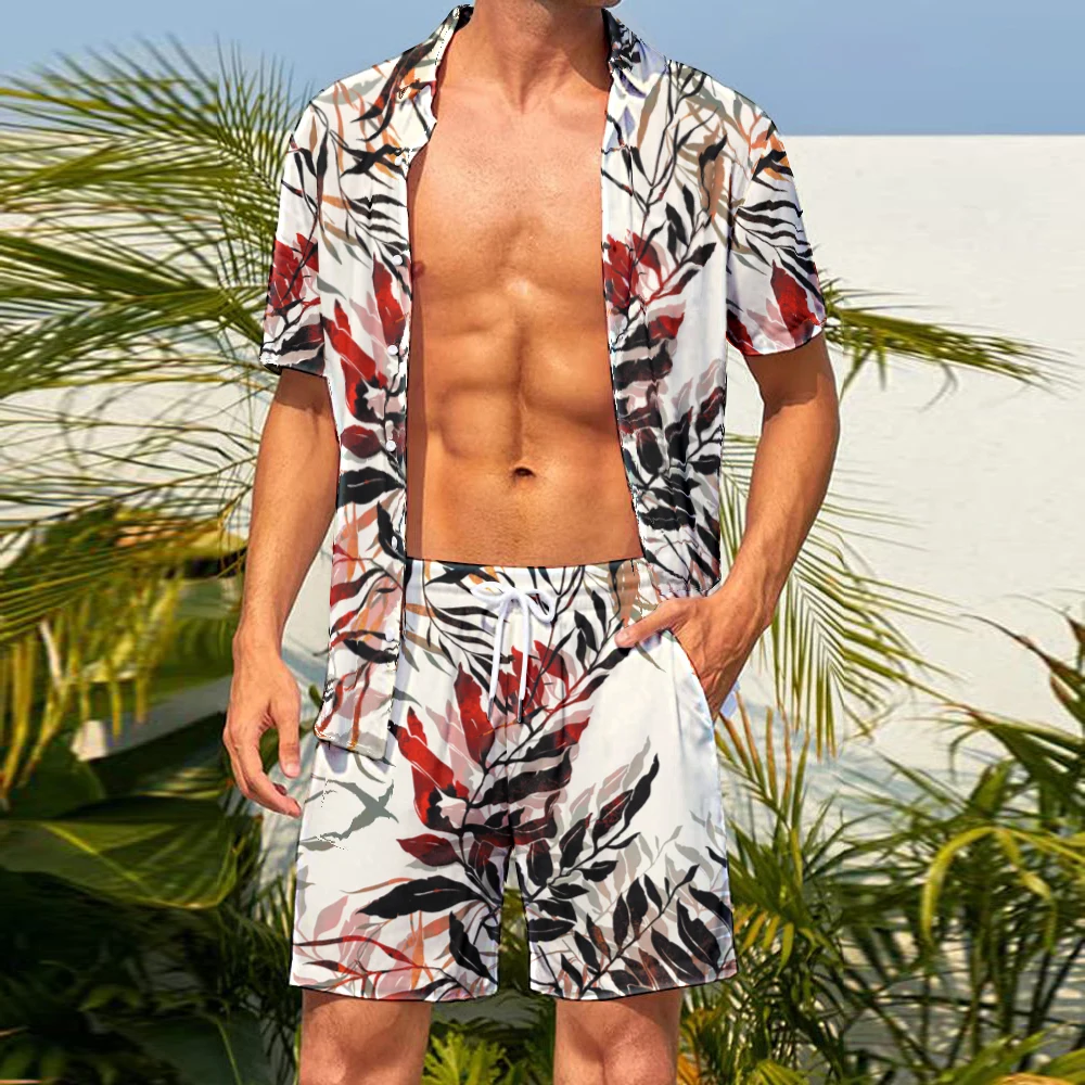 Men\'s Hawaiian Shirt and Shorts 2-piece Fashion Flip Collar Button Short Sleeve Shirt Set Digital Print Beach Street Casual Wear