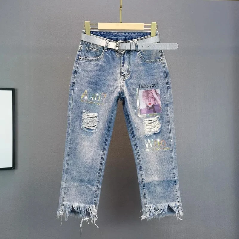 Women's Jeans 2025 Spring/summer New Fashion Loose ripped Pants Women High waisted Casual Denim Nine points Pants Streetwear