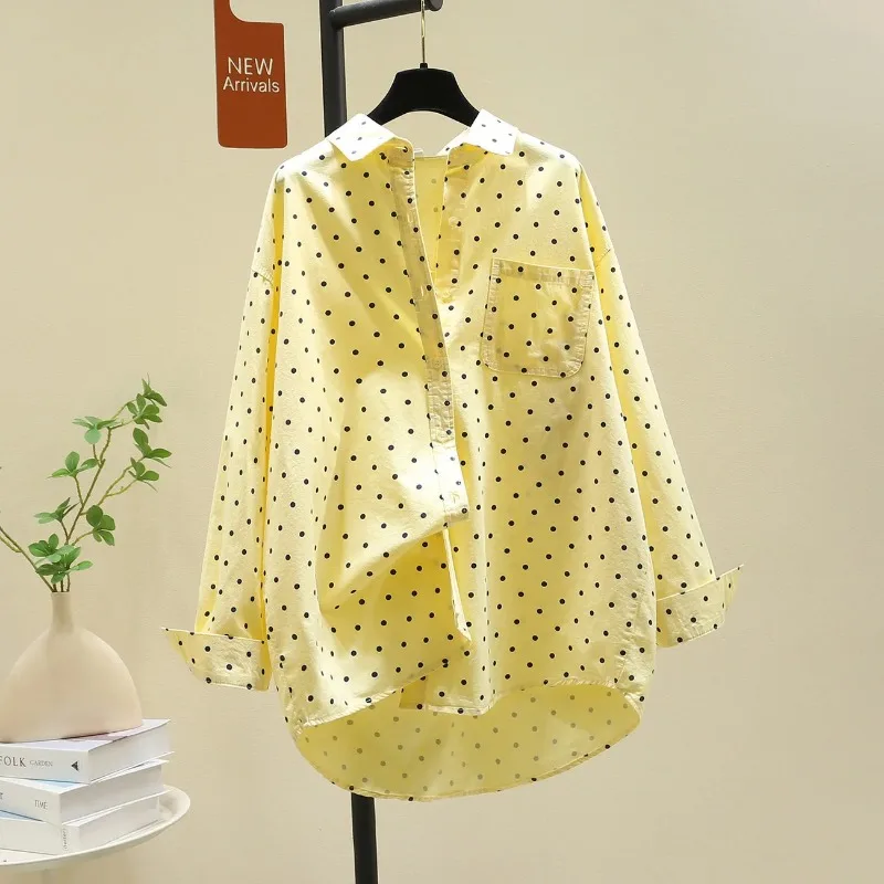 

Women's Yellow Polka Dot Cotton Shirt Loose Long Sleeve Casual Blouse