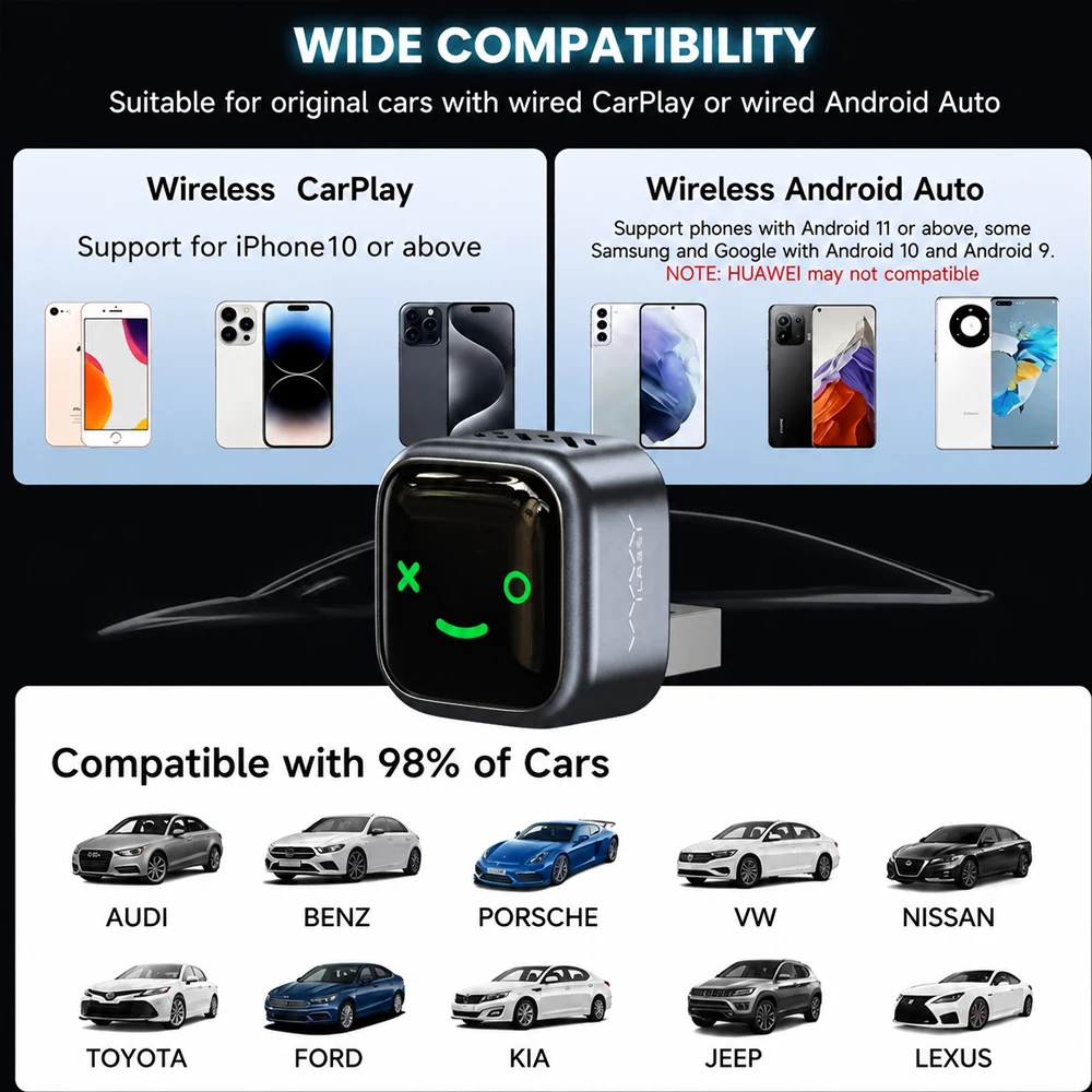 Vyvylabs Wireless CarPlay Adapter Android Auto Converter for Wired CarPlay Auto Pairing Dual Phone Switch for iOS10+ Android 11+