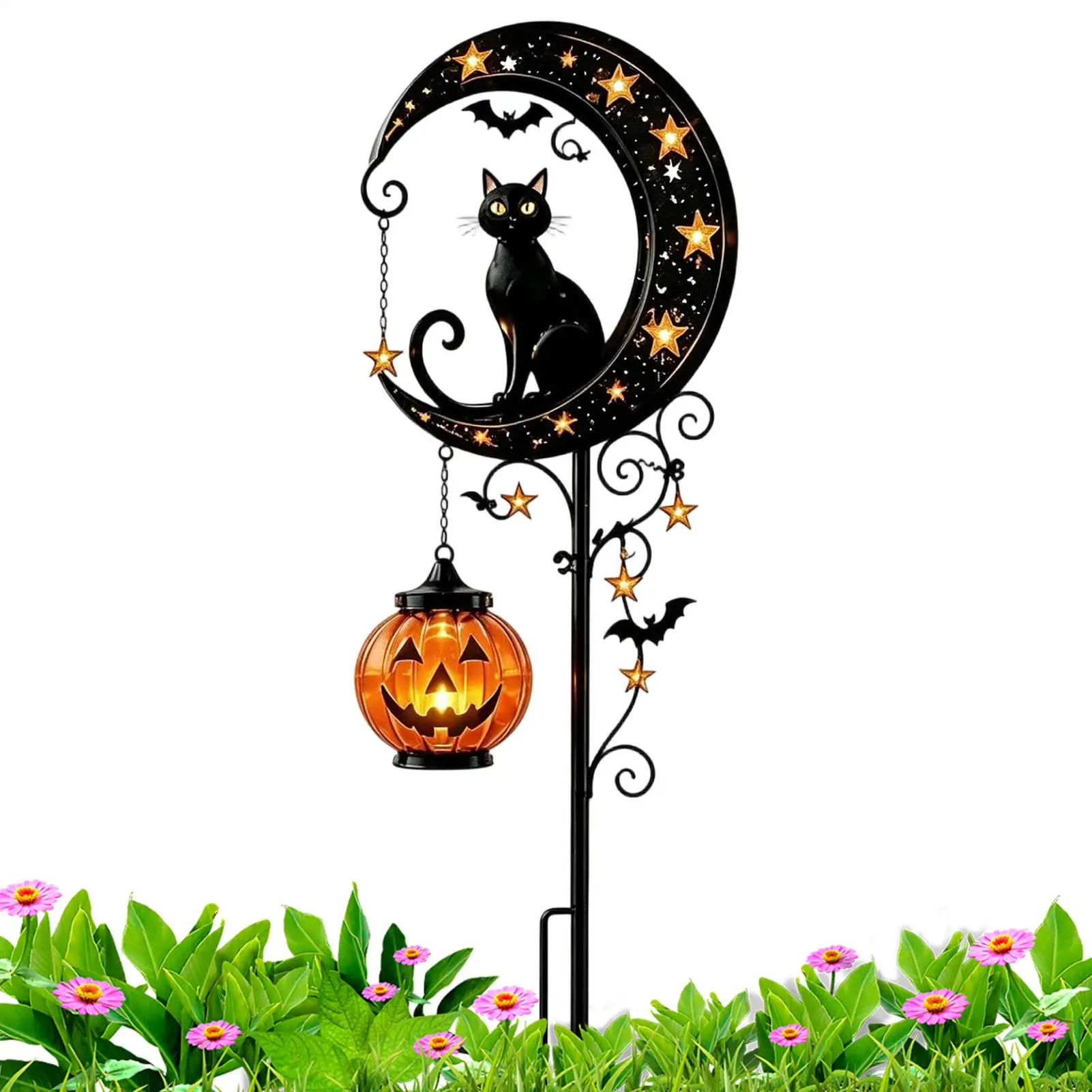 Solar Garden Light Weather-Resistant Auto On Spooky Lantern Halloween Black Cat Pumpkin Light For Patio Yard Lawn Pathway Porch