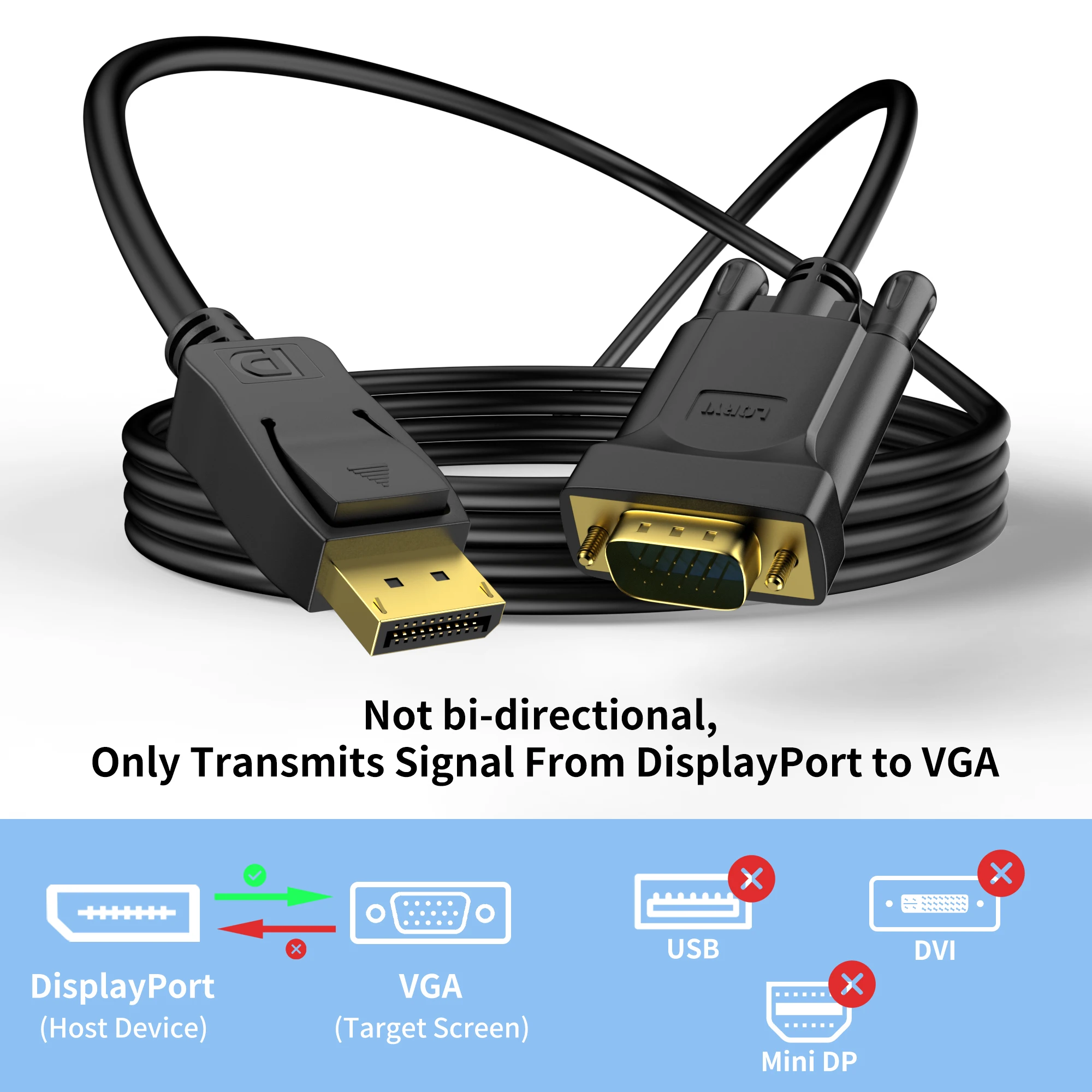 LORYI Displayport To VGA 6 Feet Cable Uni-Directional DP DisplayPort Computer to VGA Monitor Cable Male to Male 1080P 60Hz Cord