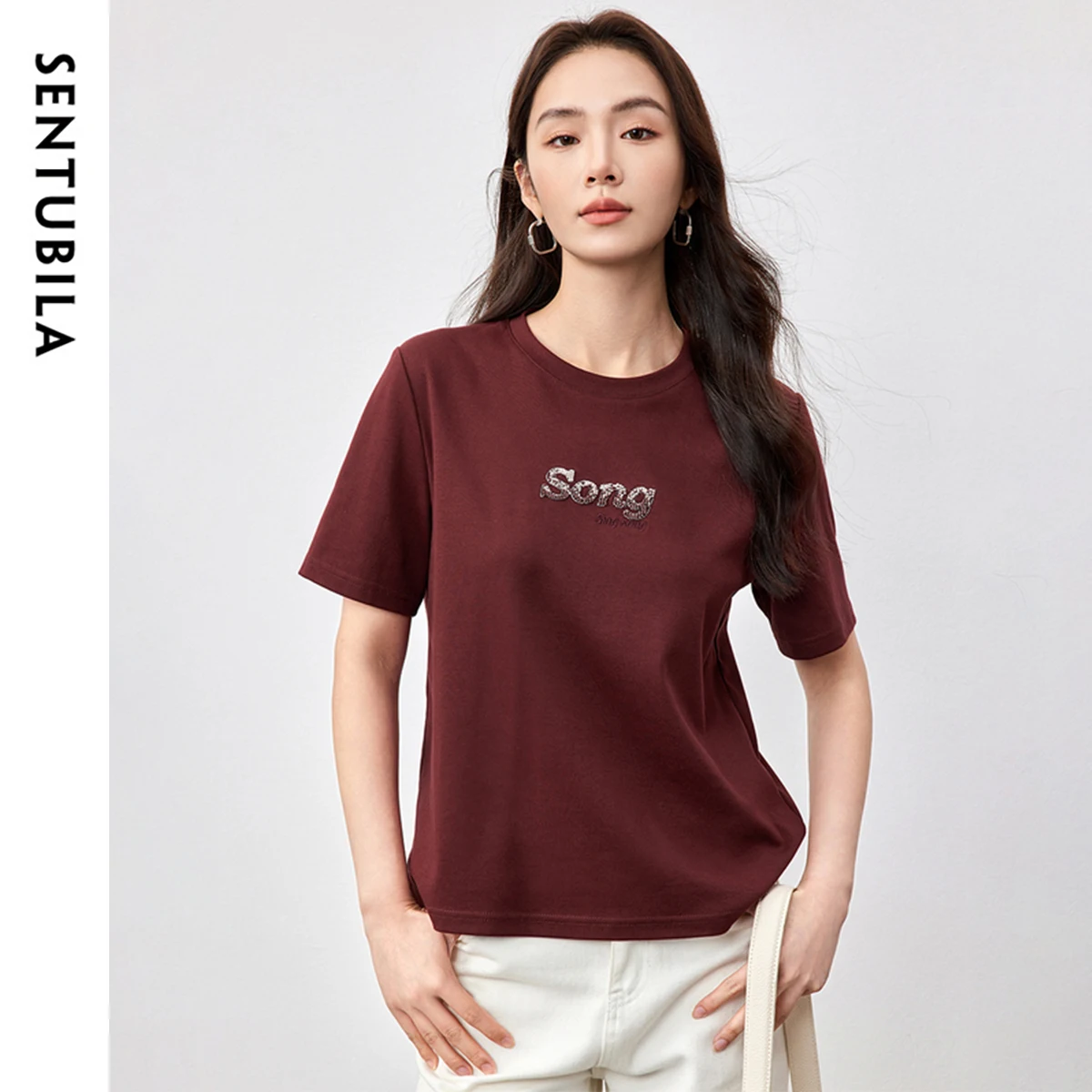 

SENTUBILA Bead Embroidery T-shirt Spring Summer 2025 Fashsion Cotton Knitted Short Sleeve Workwear Tees Tops Lady 151T58753
