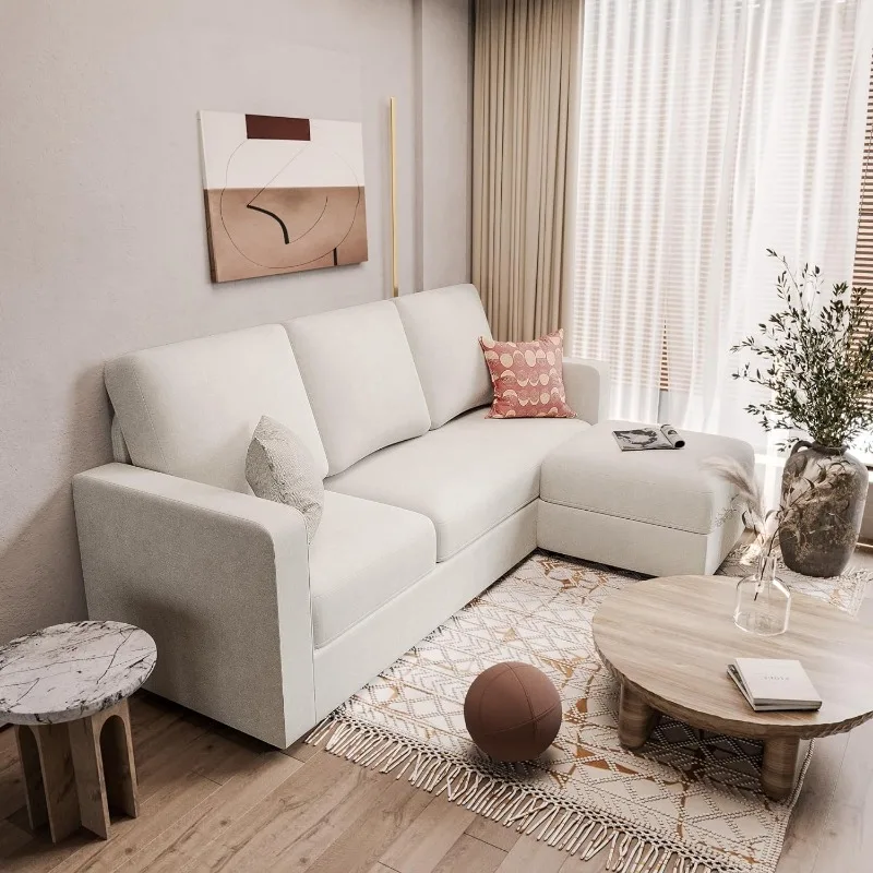 Convertible Sectional Sofa Couch, Fabric L-Shaped Sofa with 3 Seats, Removable Ottoman, Small Sofa for Small Apartments