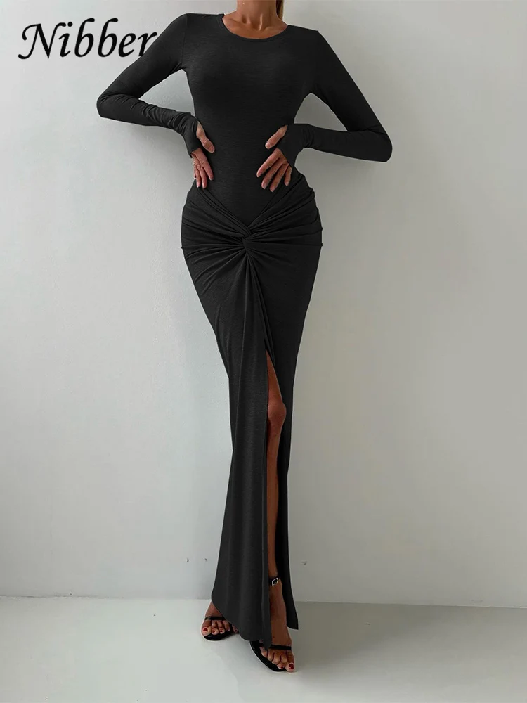 Nibber Elegant Simple Women 2 Piece Set Autumn Solid Elastic Bodysuit Tops+Peach Buttocks Wrapped Long Skirts Matching Suits