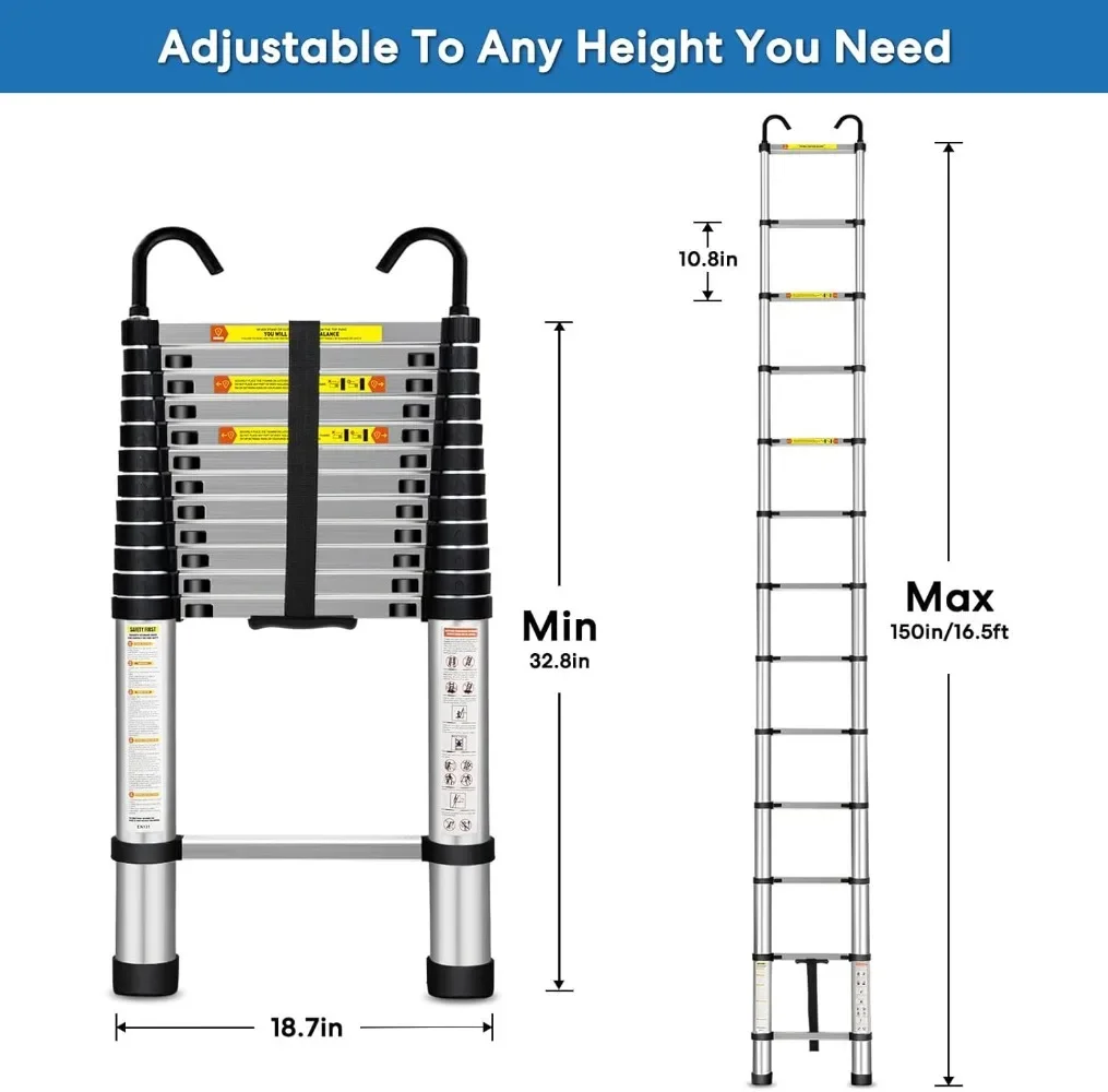 Miscoos16.5FT Aluminum Telescopic Extension Ladder with Non-Slip Feet, Multi-Purpose Collapsible Ladder for RV or Outdoor Work