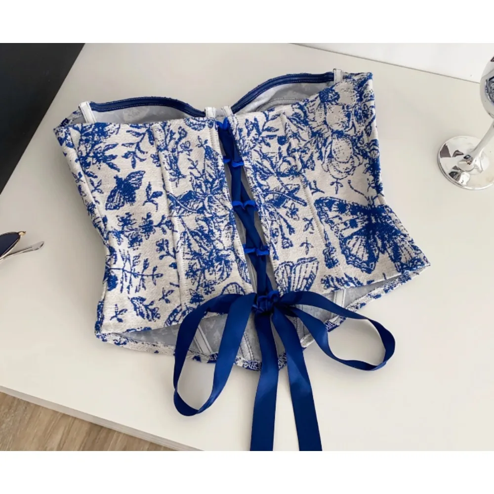 Chic Vintage sleeveless Corset Bustier jacquard Blouse Korean Fashion Summer Beach Women Sling  Top