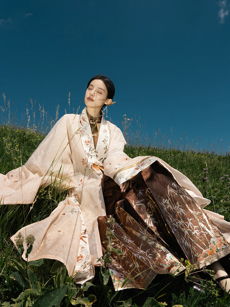 

Оригинальный комплект Hanfu для вечера в июле Drunken Lie Under Flower ade, длинный воротник-стойка, облегающая юбка на пуговицах, ансамбль