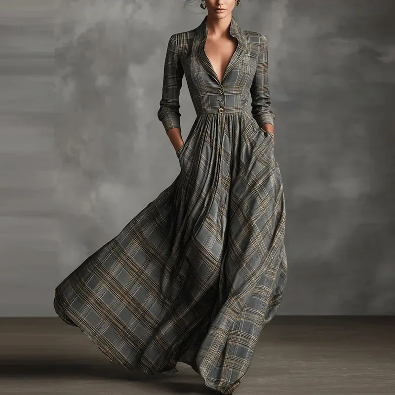 Women French Retro Plaid Swing Maxi Shirt Dress Deep V Neck Button Long Sleeve Pockets Autumn Boho