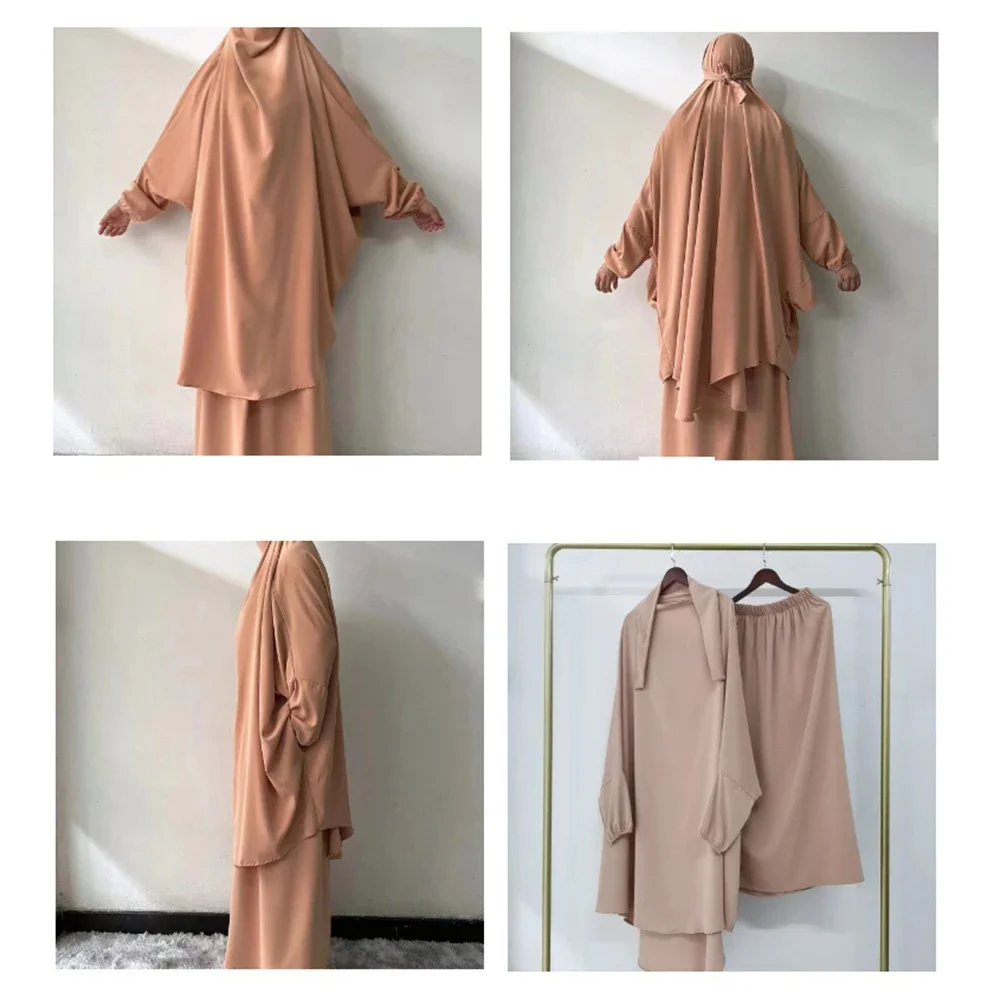 Ramadan Gowns 2 Piece Set Muslim Women Overhead Hijab Dress Prayer Garment Abaya Long Khimar Arab Gown Abayas Islamic Clothing
