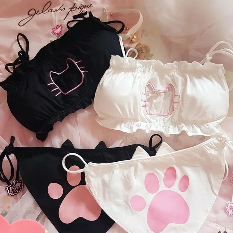 Ensemble de Soutien-Gorge et Culotte Cosplay pour Femme, Sous-Vêtements Sexy, Intimes, Kawaii Lolita, Anime Japonais, Kitty, Vêtements de Nuit