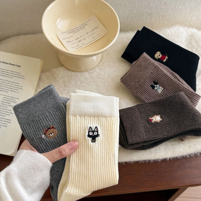 1 pair of sweet and cute autumn and winter cartoon animal design women's mid tube socks with vertical stripe design
