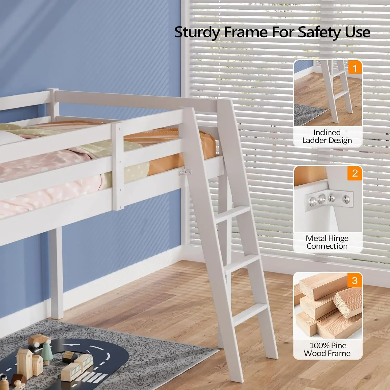 47'' Tall Junior Low Loft Bed with Stairs, White Wood Loft Bed Twin Size for Adults, Kids and Young Teens, No Box Spring