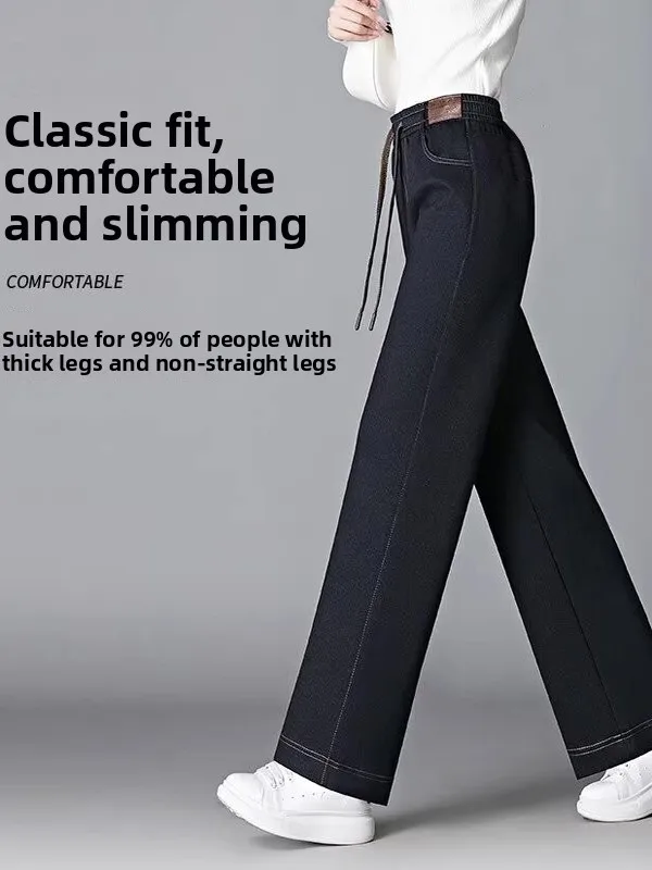 Retro Fce gevoerde nep-denim broek met wijde pijpen Rechte casual broek Hoge taille Elastisch polyestervezel Dames Faion