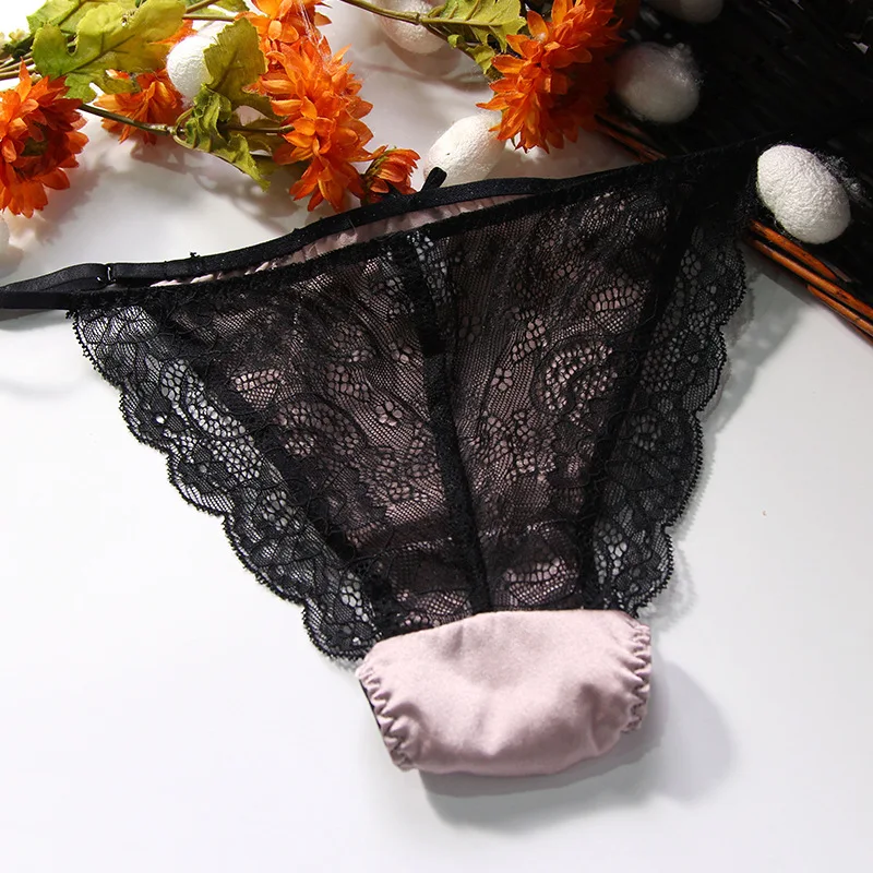 Birdtree Women Lace G String 92% Mulberry Silk 8% Spandex Brief Sexy Seamless Transparent Lace Panties For Women Thong U36602QC