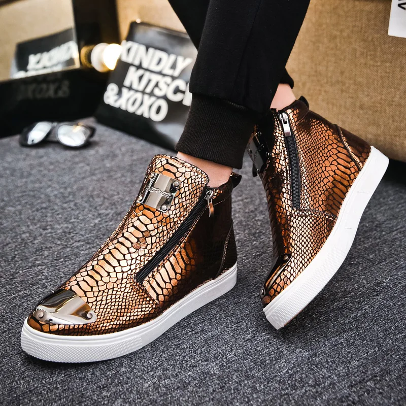 Heißer Verkauf Luxus goldene Leder Turnschuhe für Männer Reiß verschluss Designer Schuhe Männer Größe 45 High Top Sneaker Streetwear Herren