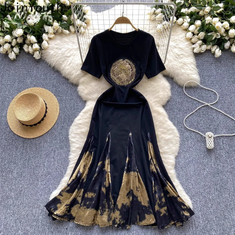 Korean Vestido Femme Vintage Sequin Embroidery Dresses Tunic Temperament Robe Femme Short Sleeve Black Summer Dress for Women