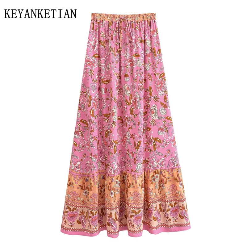 

KEYANKETIAN 2025 New Women's Viscose Floral MIDI Skirt Holiday wind Beading Lace Up Elastic Waist Flower A Line Long Skirt