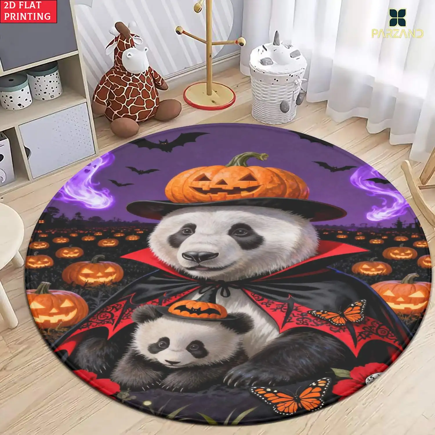 Cute Panda Halloween Pumpkin Autumn Round Polyester Pet Mat Decorative Floor Rug for Nursery Kids Home Decor Gift Supplies