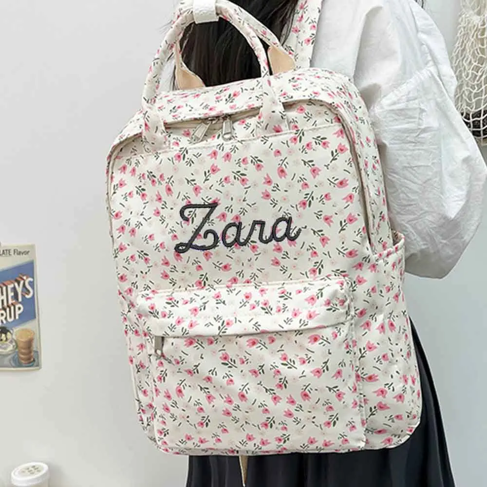 Floral Backpack Personalised Embroidery Name Kawaii Girls Casual Daypack Ladies Rucksack Unique Gift for Young Ladies Handbags