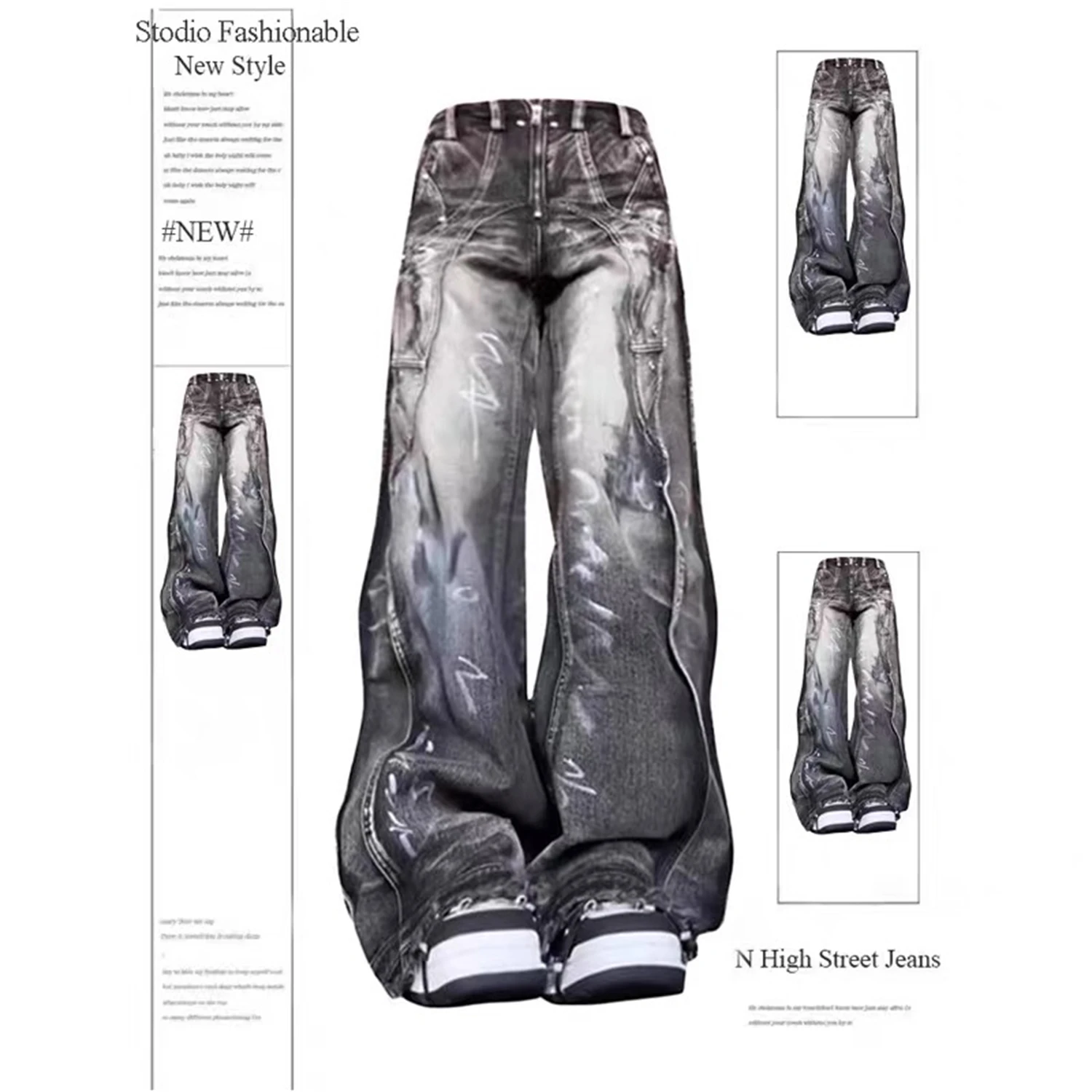 

Y2K Women's High Waist Wide Leg Washed Jeans Graffiti Print Deconstructed Design Vintage Streetwear Fashion Denim Trousers