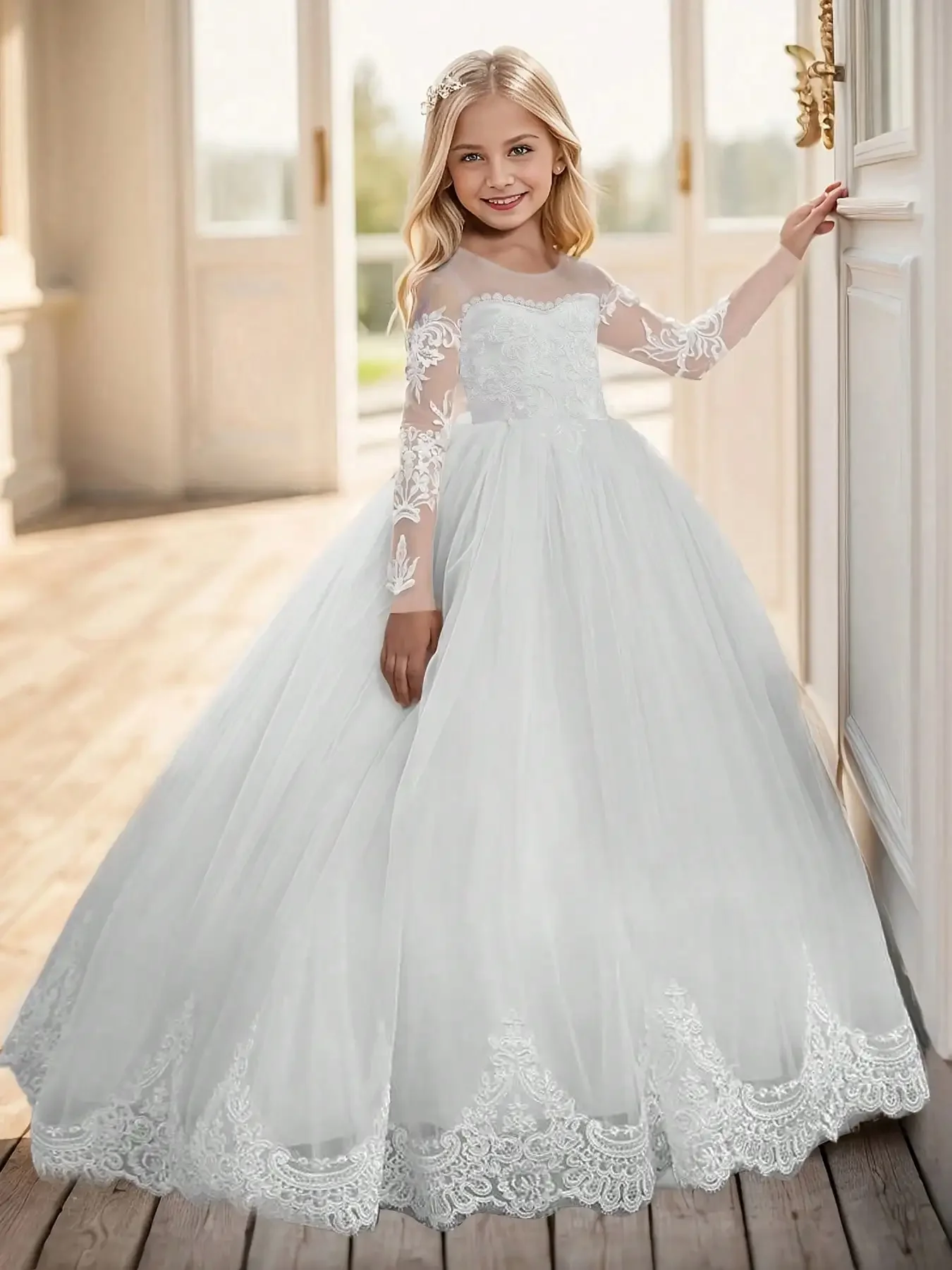 

Новое белое платье для девочек 2026 года: нарядное платье принцессы с длинными рукавами, кружевом и сеткой, для свадьбы, Святого Причастия, ужина