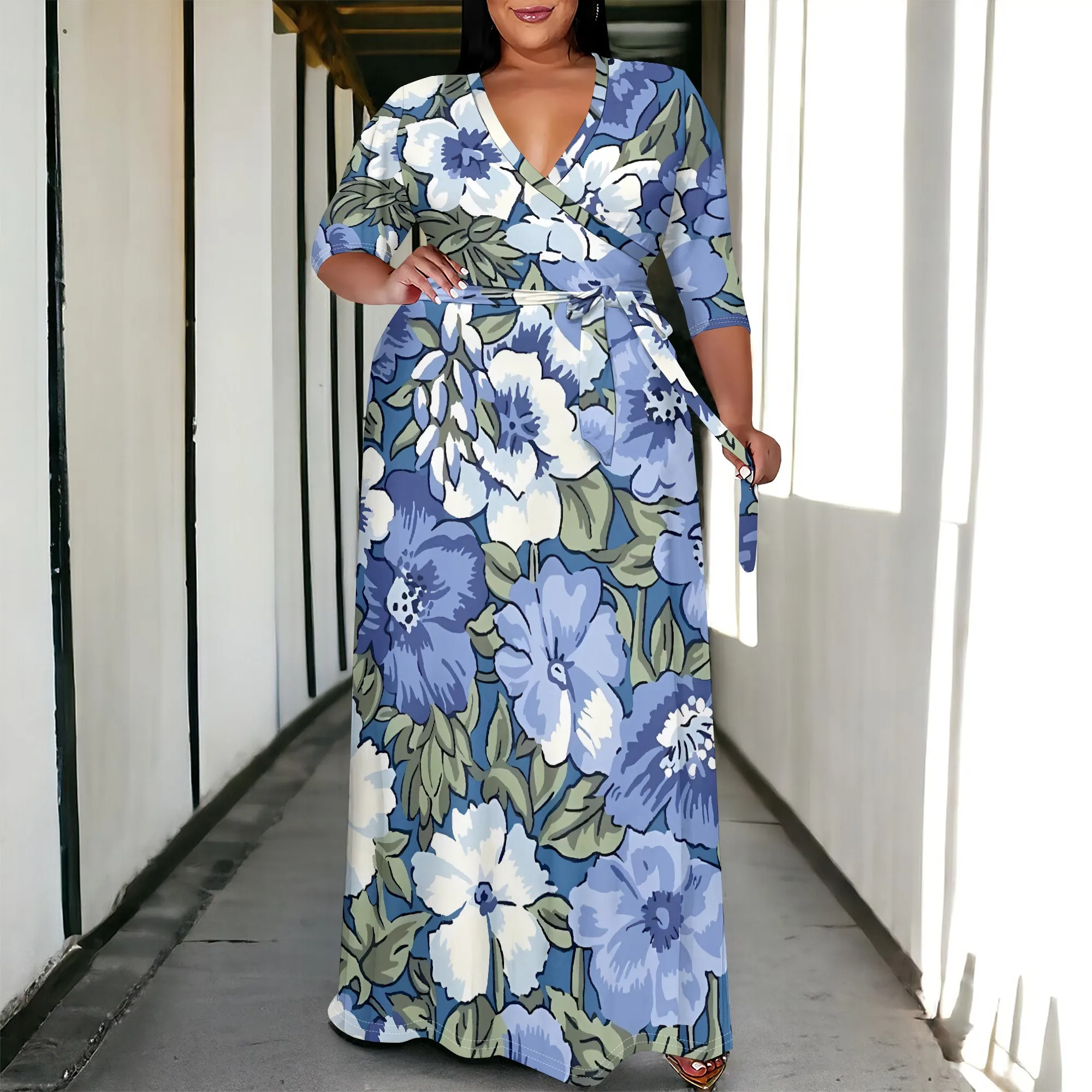 

Nupusa Plus Size Floral Print Wrap Dress Women Summer Half - Sleeve Maxi Dress