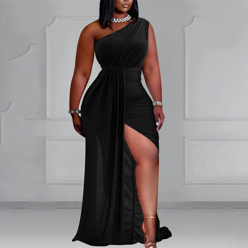 Plus Size Vrouwen Formele Elegante Een Schouder Geplooide Avondjurk Met Hoge Splitten Lange Lente Zomer Jurk 2024