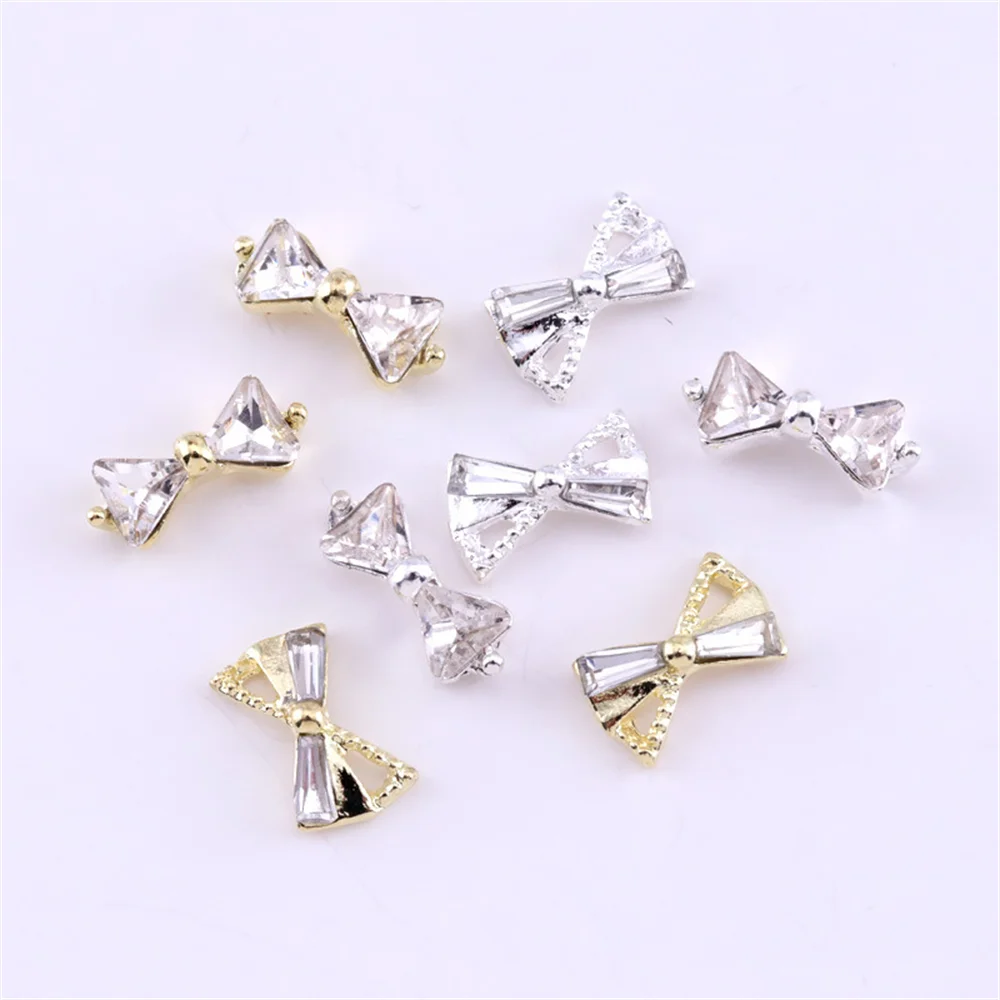 10Pcs Bowtie Nail Alloy Charms Shinny Gold Silver Bow Designer Charms Nails Luxury Rhinestones Metal 3D Manicure Crystal Diamond
