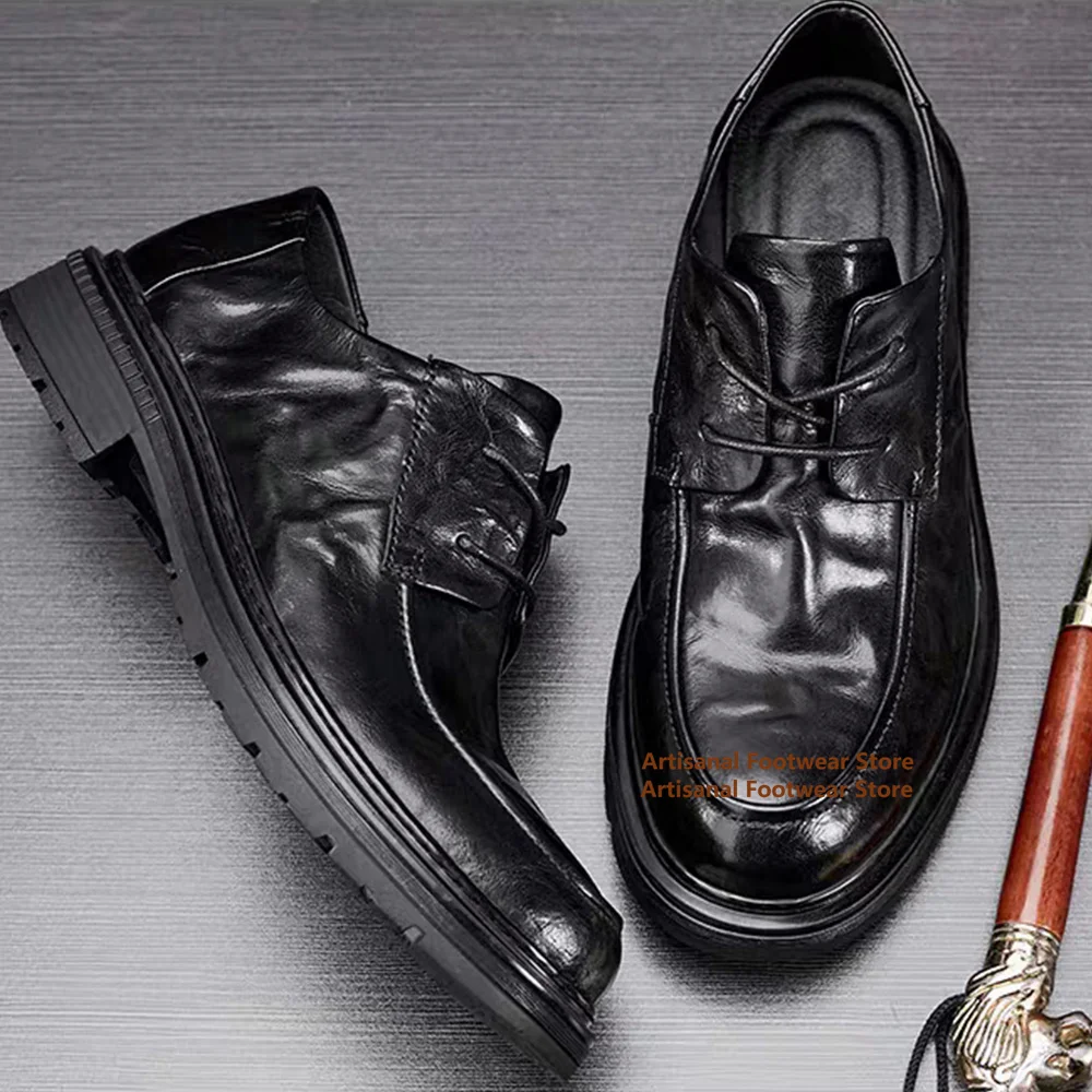 

Black Leather Thick-Soled Men's Shoes Round Toe Lace-Up Dress Shoes Durable Breathable Business Office Shoes Men's Shoes