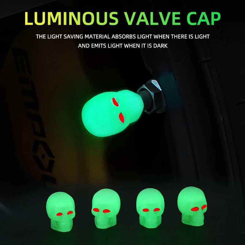 4Pcs Luminous Valve Caps Skull Style Fluorescent Car Tire Valve Caps for Halloween Motorcycle Bike Glowing Decor Car Accessories