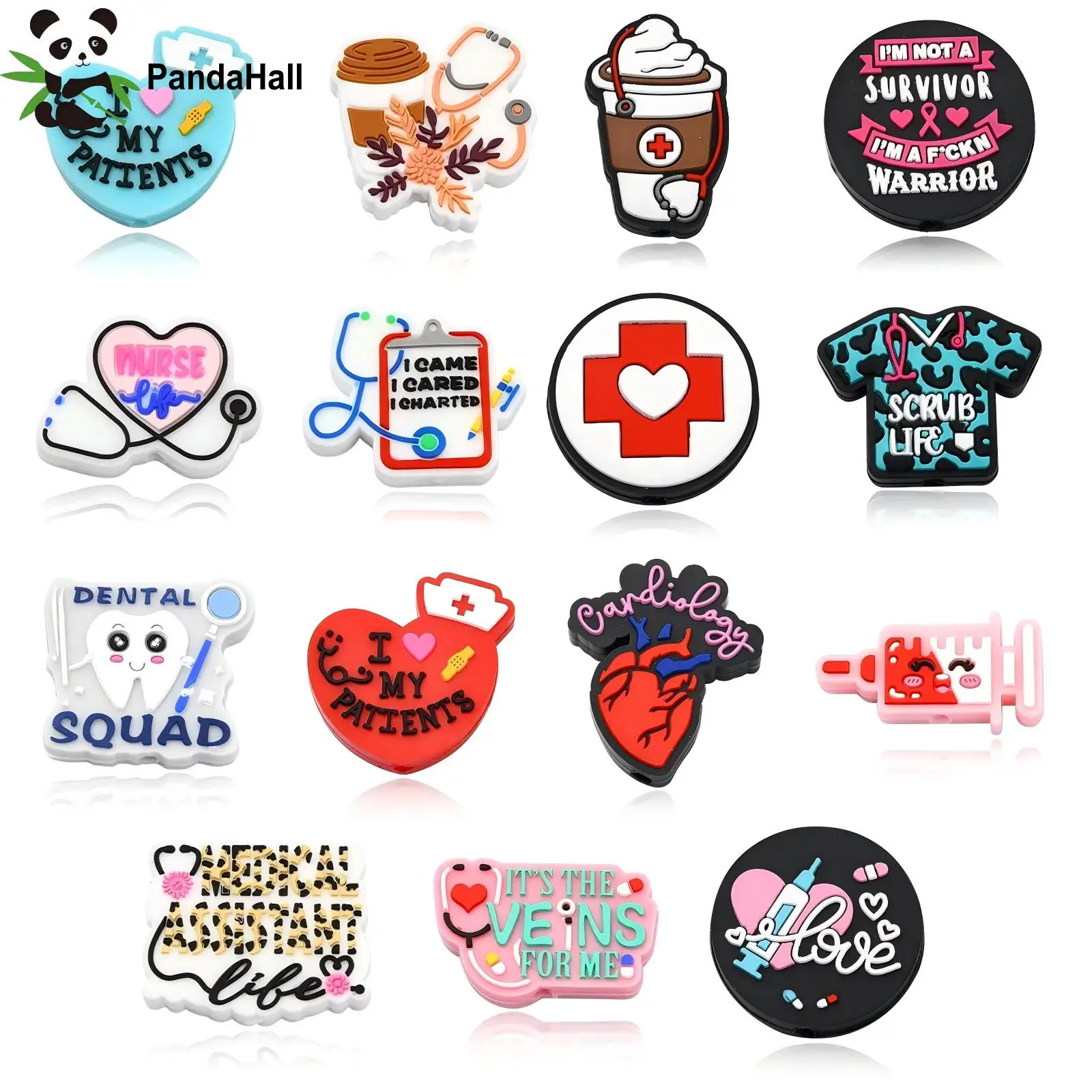 Pandahall 15Pcs Mixed Styles Medical Theme Silicone Beads Hospital Heart Stethoscope Focal Beads for Keychain Pen Making