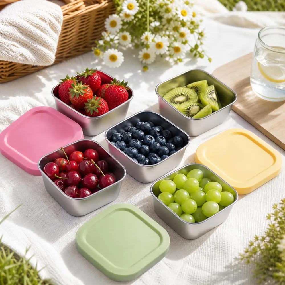 Silicone Lid Stainless Steel Fresh-keeping Box Stackable Food Grade Meal Prep Container Leakproof 400ml Refrigerator Organizer