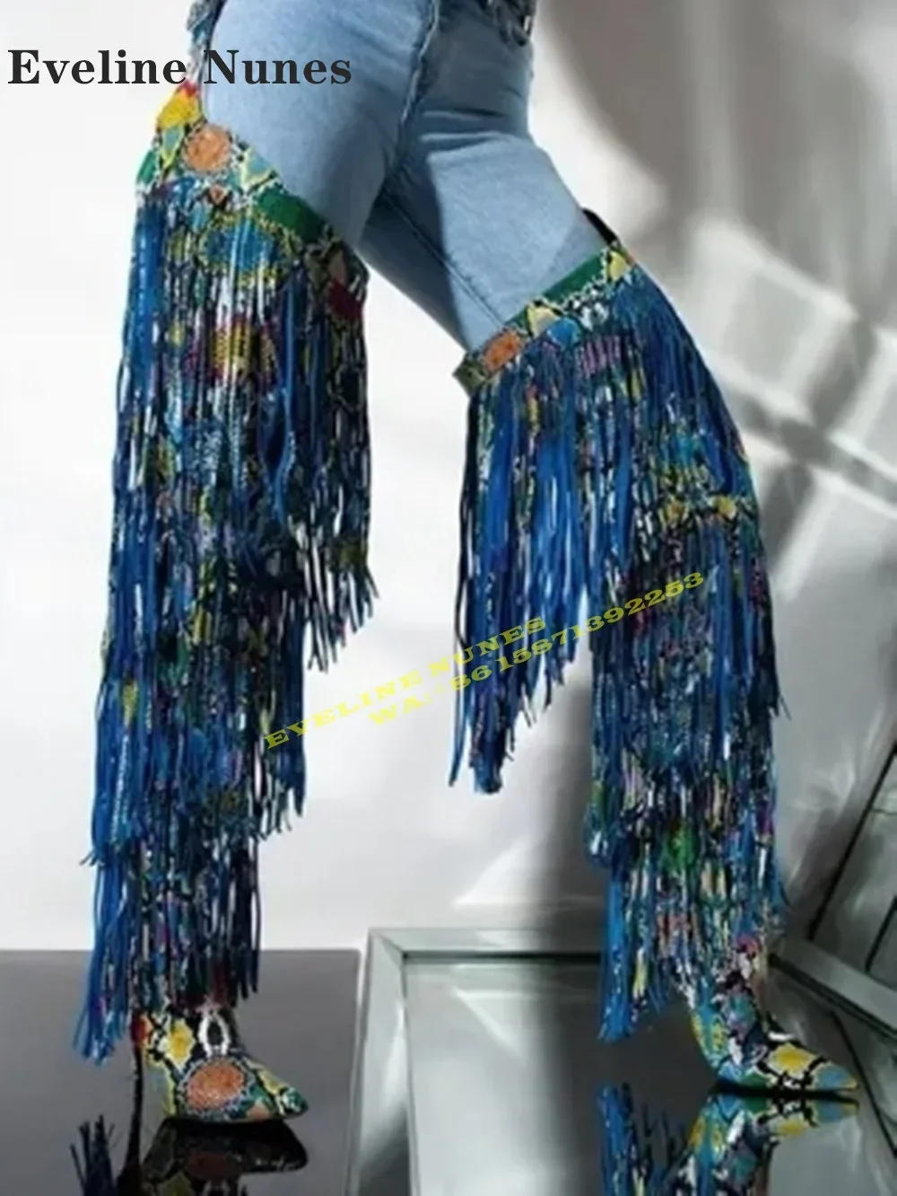 

Tassel Stiletto Heels Pointed Toe Over The Knee Boots Woman Blue Fringed Belt Long Boots Lady Big Size As Picture 2025 Winter