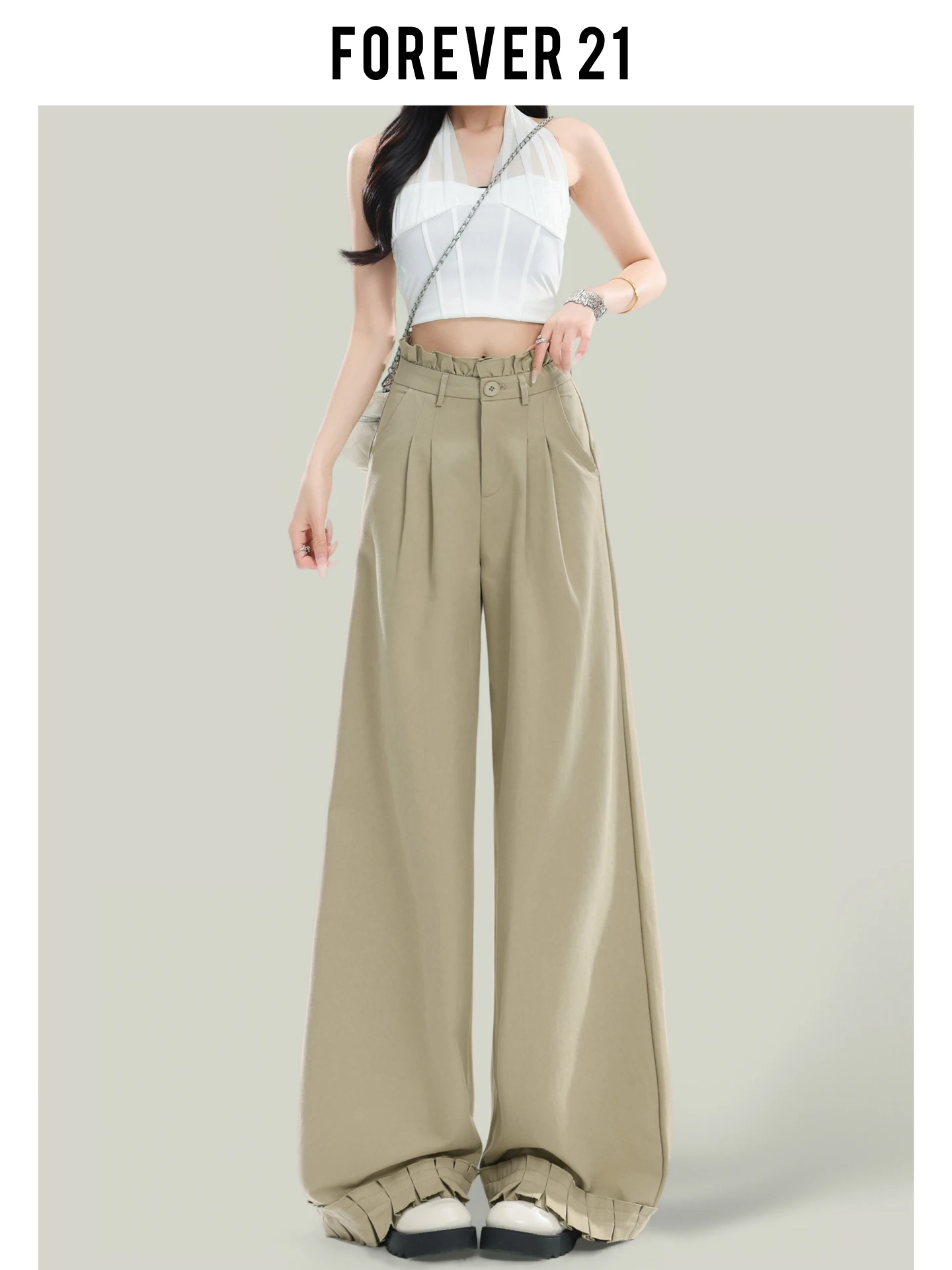 Pantalones Casuales de Pierna Ancha con Encaje Floral Color Caqui Estilo Americano Forever 21 para Mujer, Pantalones de Cintu...