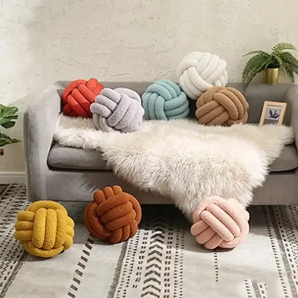 Hand Woven Lamb Wool Roller Pillow Knotted Ball Throw Pillows Indeformable Eco-friendly Plush Pillow Living Room Sofa Cushion